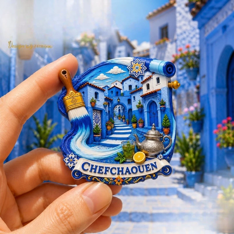 Chefchaouen Paintbrush Fridge Magnet - Artistic 3D Moroccan Souvenir Unique North African Gift for Travel & Colorful Decor
