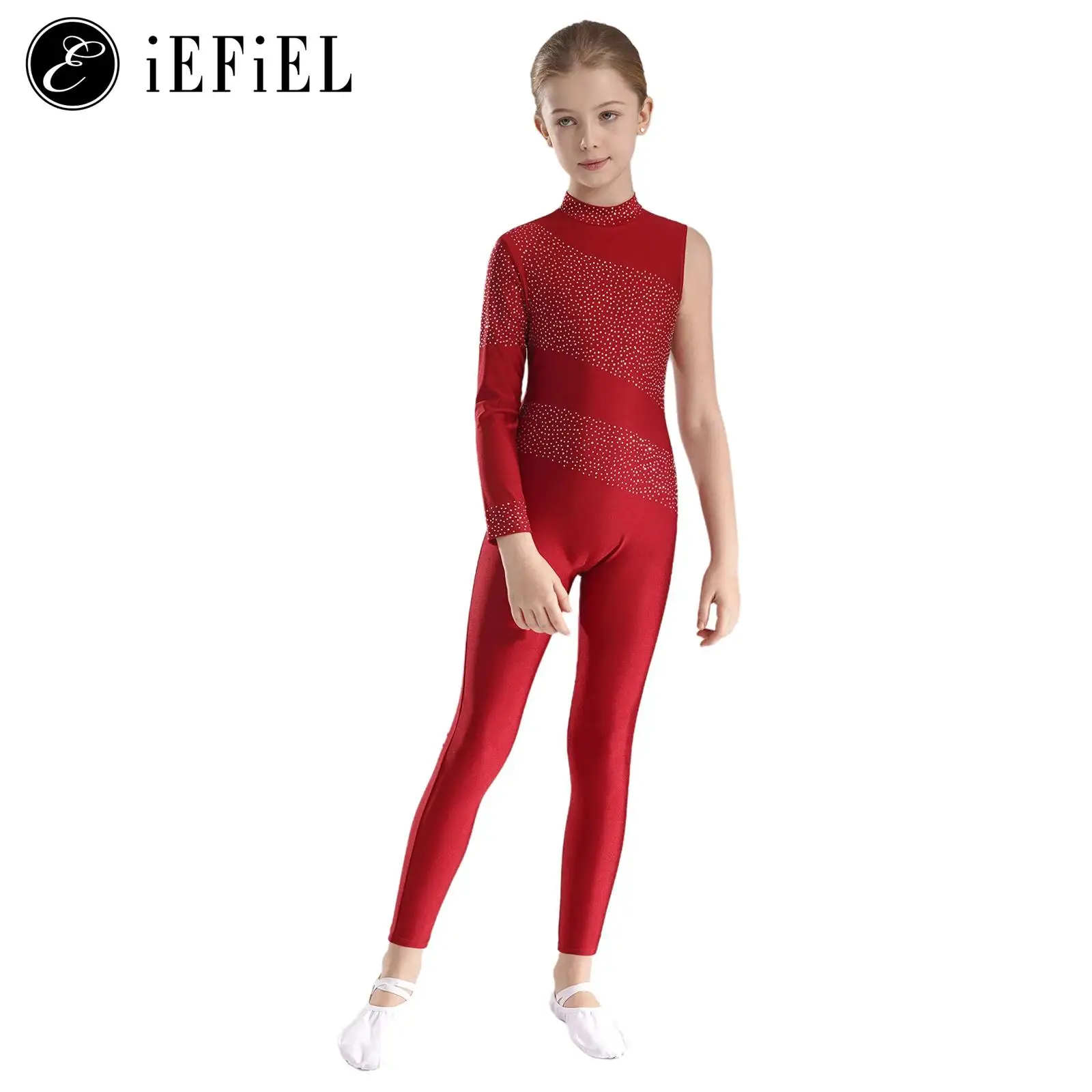 Kids Shiny Rhinestone Figure Ice Skating Dance Jumpsuits One Long Sleeve Full Body Zentai Ballet Gymnastics Dance Bodysuits