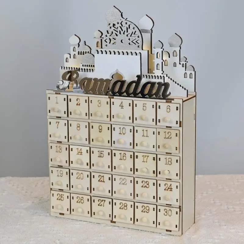 

R9JC Islamics Home Decors Eid Ramadans Countdown Calendar with LED Light and Drawers