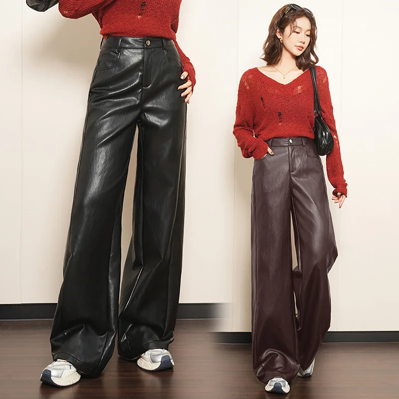 أزياء الاتجاه تنوعا عالية الخصر التخسيس بو السراويل الجلدية واسعة الساق للنساء، نمط جديد الخريف والشتاء، أنيقة الطابق لو #1