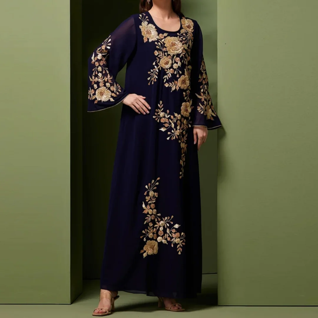 

Middle East Mother of the Bride Gowns Long Sleeves Wedding Party Gowns Flowers Scoop Neck Gorgeous Arabic Mother Dresses