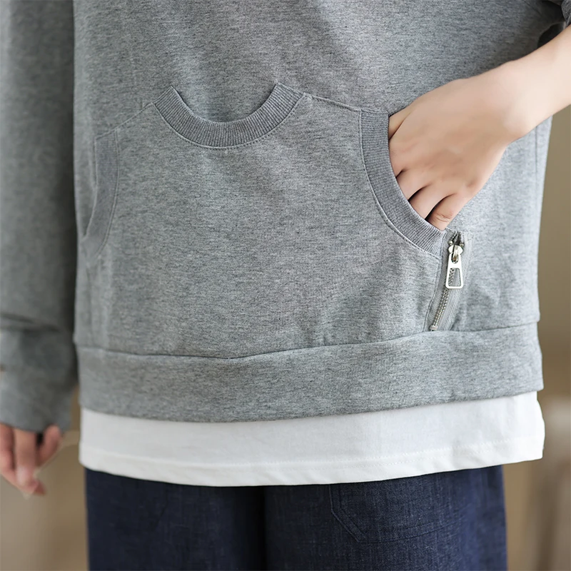 เสื้อฮู้ดสี Blo ทรงหลวมผู้หญิงศิลปะแขนยาวซิป Crew Neck Sweatshirt ฤดูใบไม้ร่วงฤดูหนาวมาใหม่