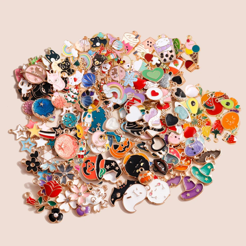 Leslie Bulk Sale 50/100pcs Enamel Cartoon Hearts Animal Charms Flowers Fruits Rainbow Pendants for DIY Jewelry Making Wholesale