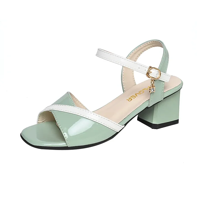 Lady Fashion Sweet Light Weight Green Buckle Strap Square Heel Shoes Women Casual Pink Comfort Spring & Summer Heel Sandals A147