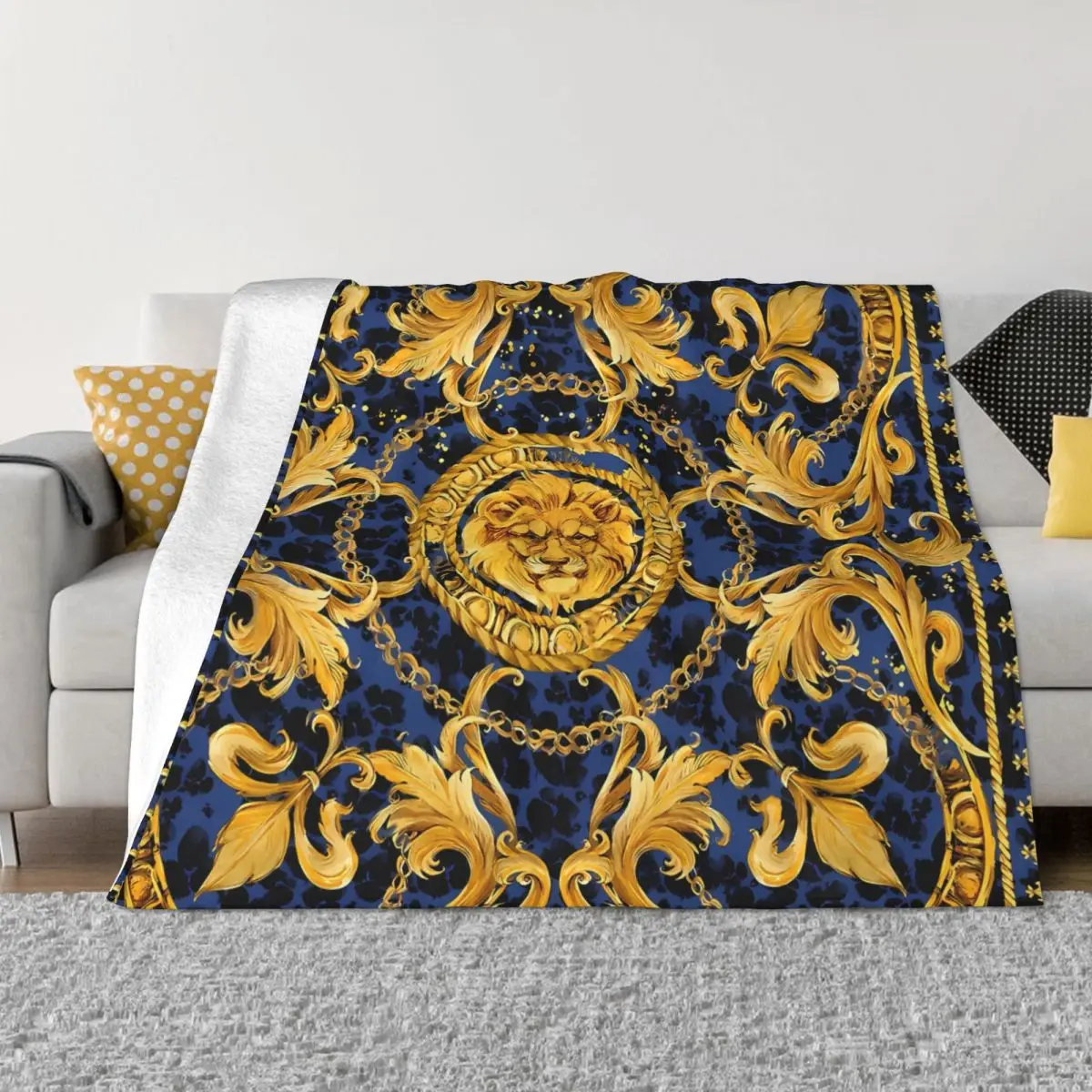 Golden Lion And Damask Blankets Ornament Coral Fleece Plush Decoration Bedroom Bedding Couch Bedspread