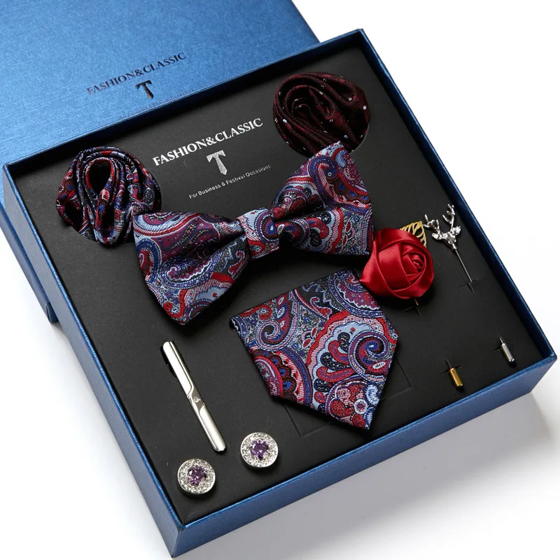 Men Elegant Green Bow Tie Groom Wedding Party Fashion Casual Versatile Classic Silk Paisley Butterfly Handkerchief Cufflinks Set