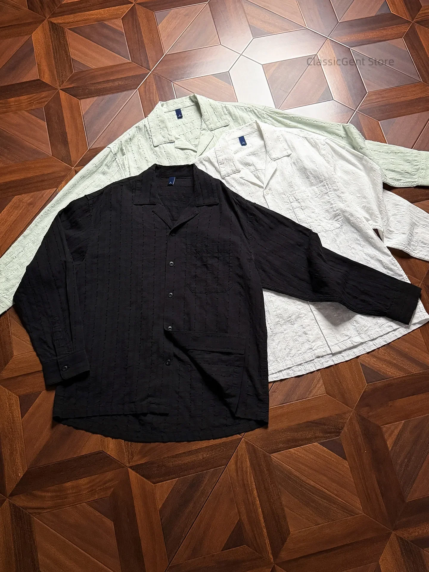 New casual Cuban collar 40 pure cotton clothes breathable three-dimensional jacquard 4.2OZ long-sleeved shirt