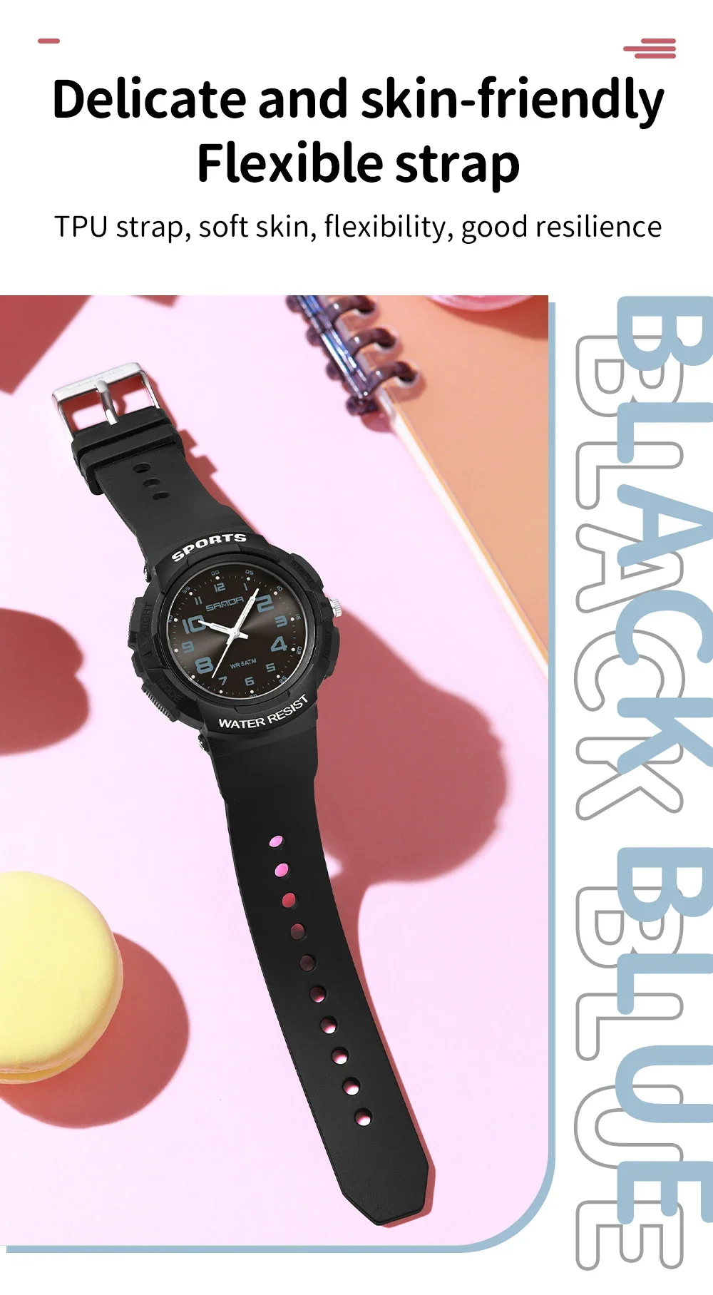 Sanda Trendy Design Soft Student Watch TPU Strap 50M Depth Waterproof Quartz Movement Children Fashion Sports Wrist Watch