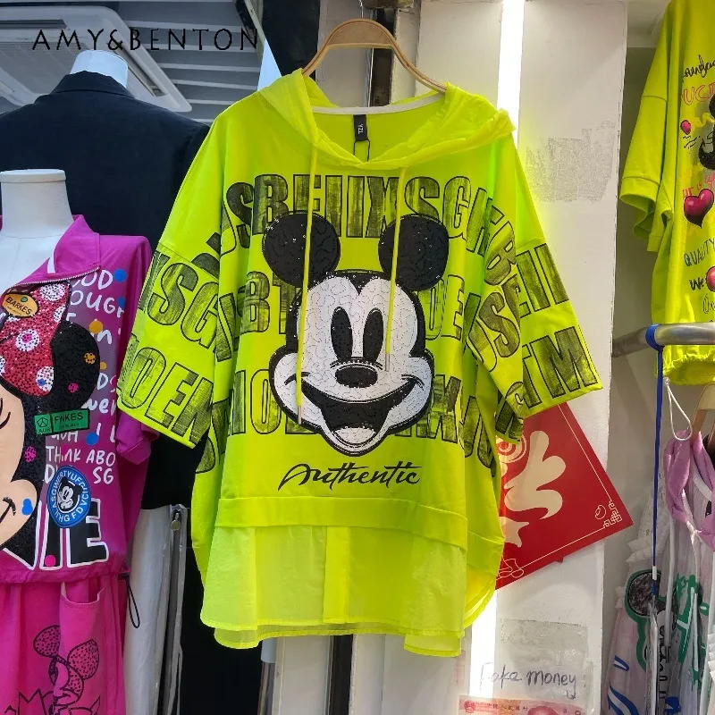 

Summer Casual Loose O-neck Slimming Look Short Sleeves Drawstring Sweatshirt Top Ladies T-shirt Oversized Printing Tees Pullover