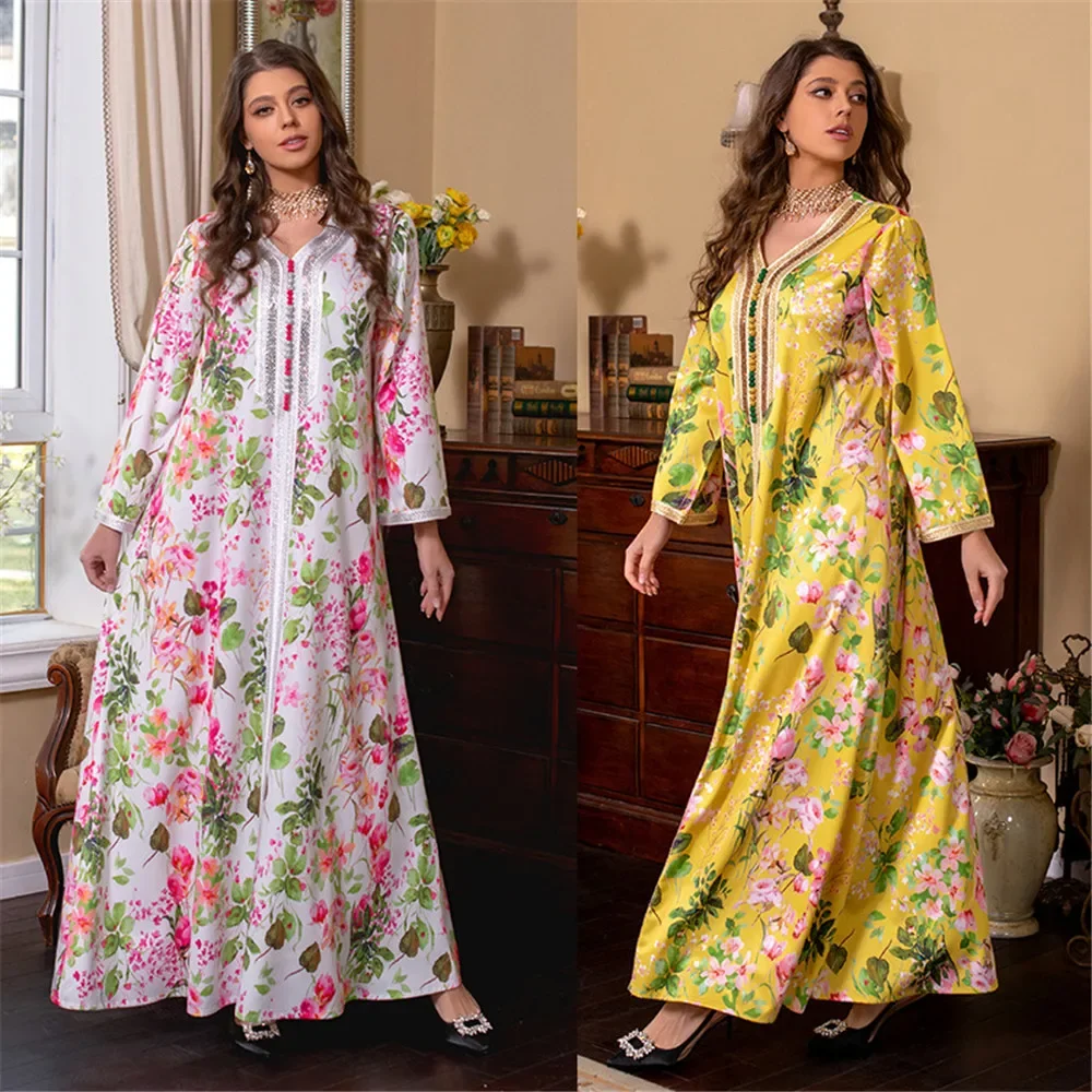 2025 Spring Floral Print Muslim Abaya Dress Women Diamond Dubai Arab Turkey Morocco Kaftan Islamic Clothing Gown Robe Vestido