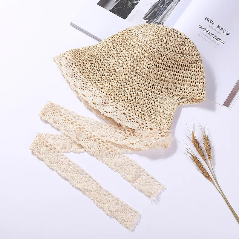 Summer Hats for Women Sun Hat Beach Lace Ribbon Hat Holiday Beach Straw Paper Lady Outdoor Travel Cap Women Bucket Hat Foldable