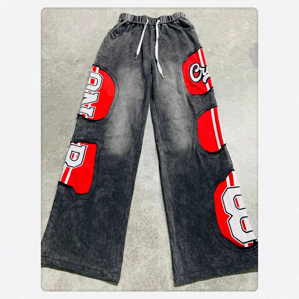 European Goods Gray Casual Pants Women's 2025 Autumn New Letter Embroidered Loose Trousers Tide Street Style Vintage Pants
