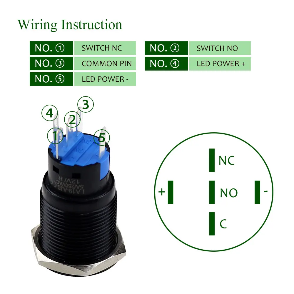 Flat Round Head With Ring Led Light 220 Volt Push Button Switch Black Oxidized Aluminum Waterproof Momentary Self Locking Switch