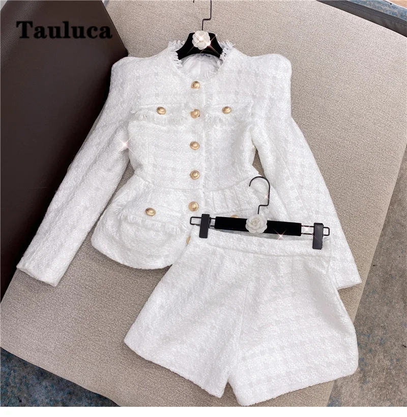 

New Autumn Winter 2 Pieces Tweed Coat Jacket + Shorts Suits Set Outfits For Women Matching Sets O Neck Collar With Bright Silk