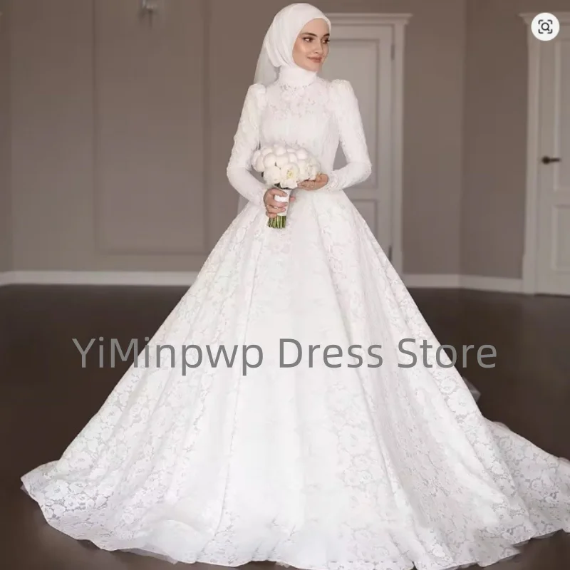 Bescheiden moslim trouwjurken met hijab voor bruid hoge hals lange mouw a-lijn sweep trein kanten jurk bruidsjurken op maat