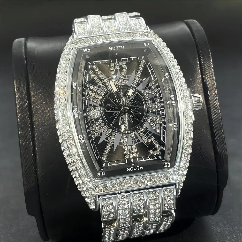 Luxury Gold Watches Men Brand MISSFOX Fashion Hip Hop Ice Diamond Sun Pattern Literal Quartz Wristwatch Male Dropshipping Hot