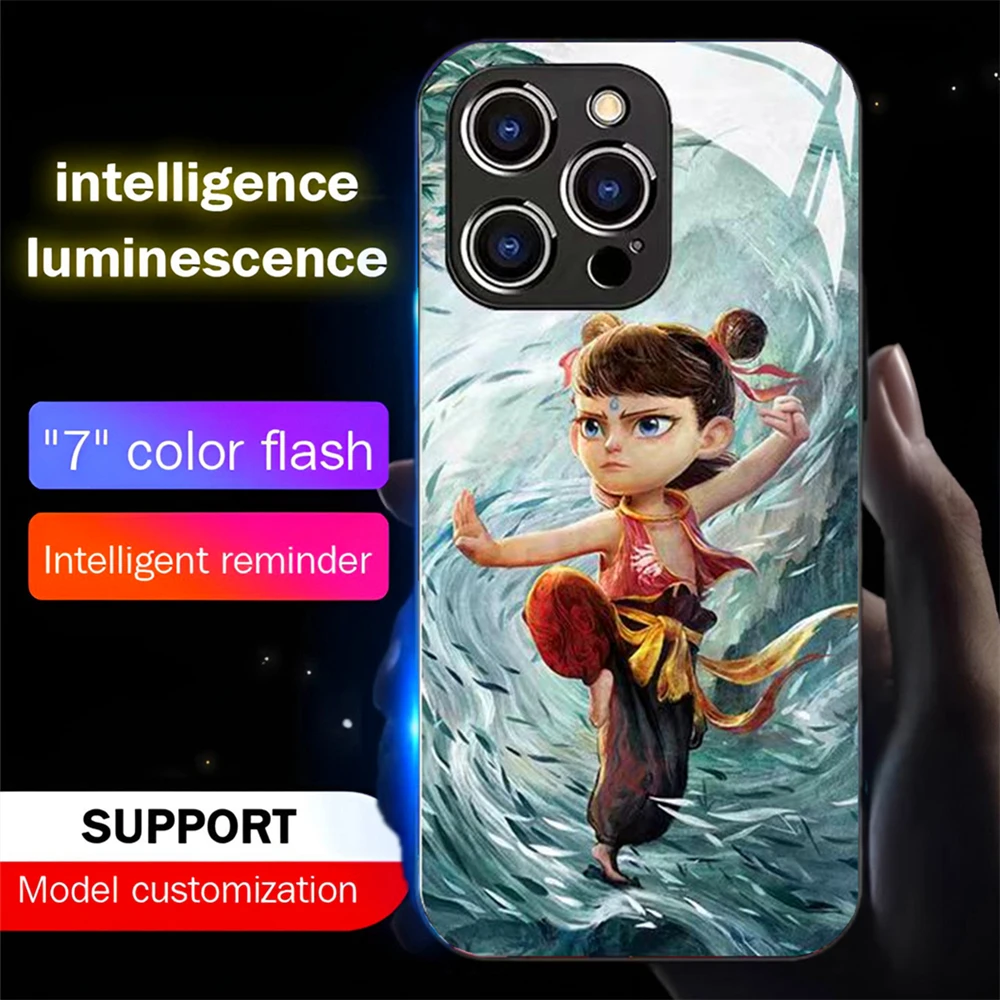 No.1 World Cartoon NeZha Sound Control LED Flash Cases Luminous Glass Cover For Samsung S25 S24 S23 S22 S21 S20 FE Plus Ultra