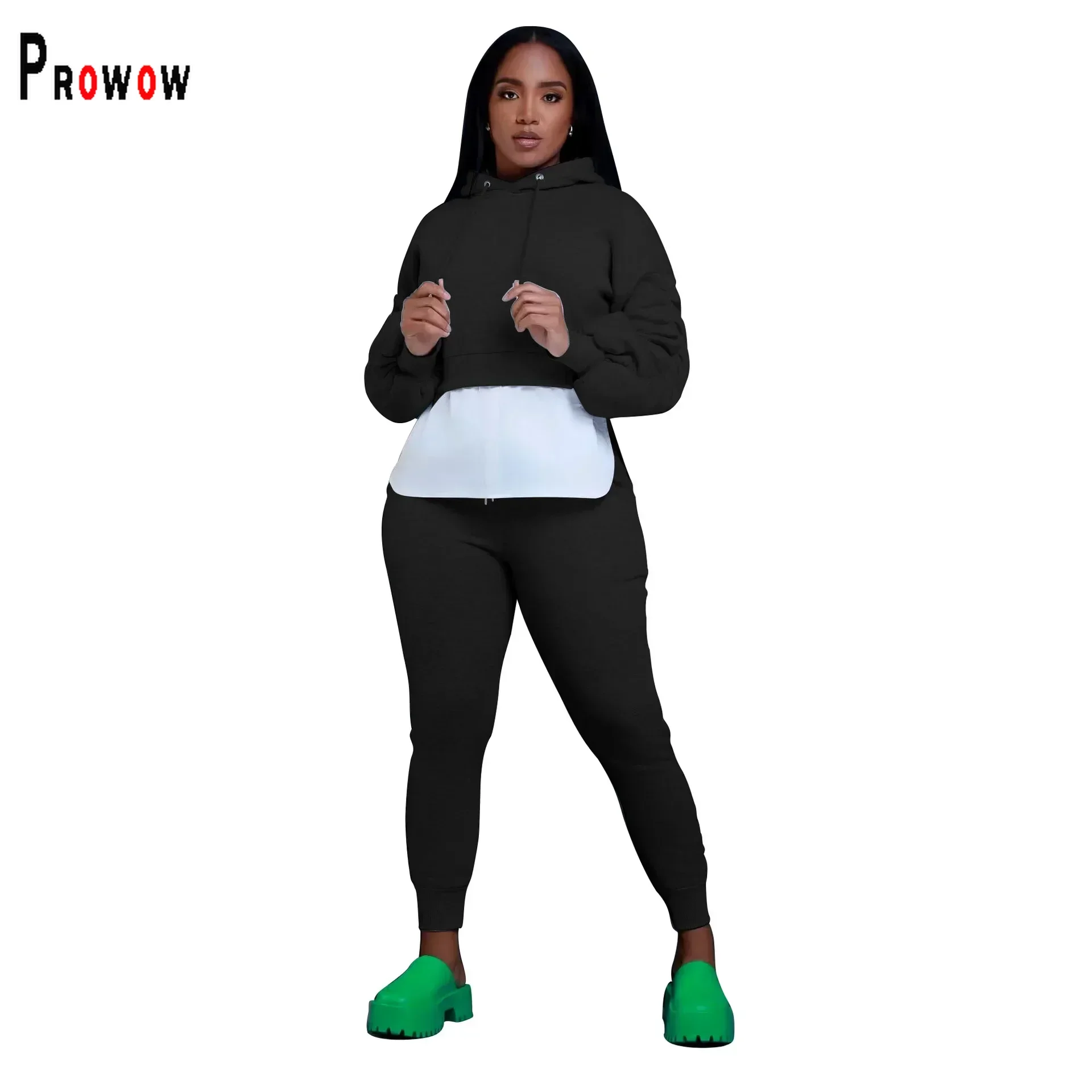 

Prowow Fashion Women Tracksuits Set Hooded Sweatshirts Pant Two Piece Sporty Suits Patchwork Fall Female Workout Sweat Outfits