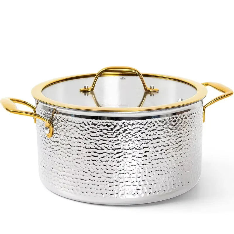 for Heavy Duty Stainless Steel Soup Pot Hammered Triple Layer with Glass Lid and Cooking Handle Non Toxic Kitchen Cookware