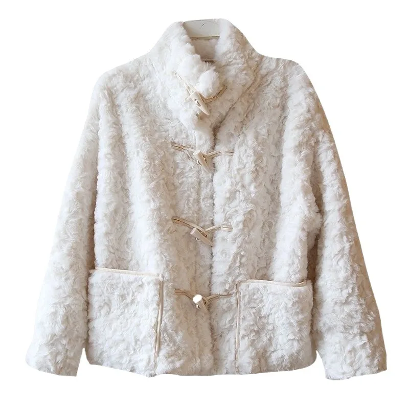 Winter Lamb's Wool Jacket Warm Thickened Loose Stand Collar Outerwear Pockets Spliced Design Single Breasted Chic Women Clothing