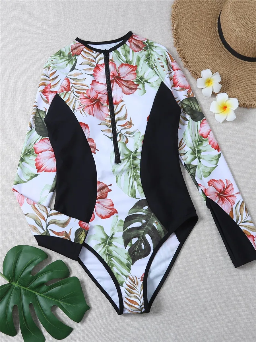 Floral Printed Surf Swimwear Women 2023 Zipper Long Sleeve Swimsuit One Piece Bodysuit Bathers Rashguard Sports Diving Clothes