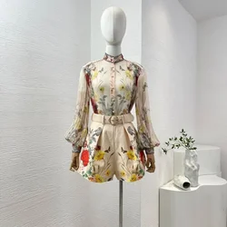 Red Rose Flower Print Long Sleeve Stand Collar Blouse Elegant Tops Short Set 2024 New Two Pieces High Quality