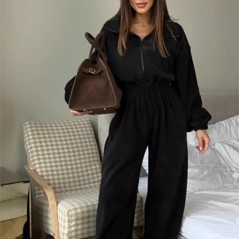 

2025 Autumn Winter Jumpsuits Women One Piece Zipper Overalls Long Pants Elastic High Waist Casual Long Sleeve Jumpsuits Women
