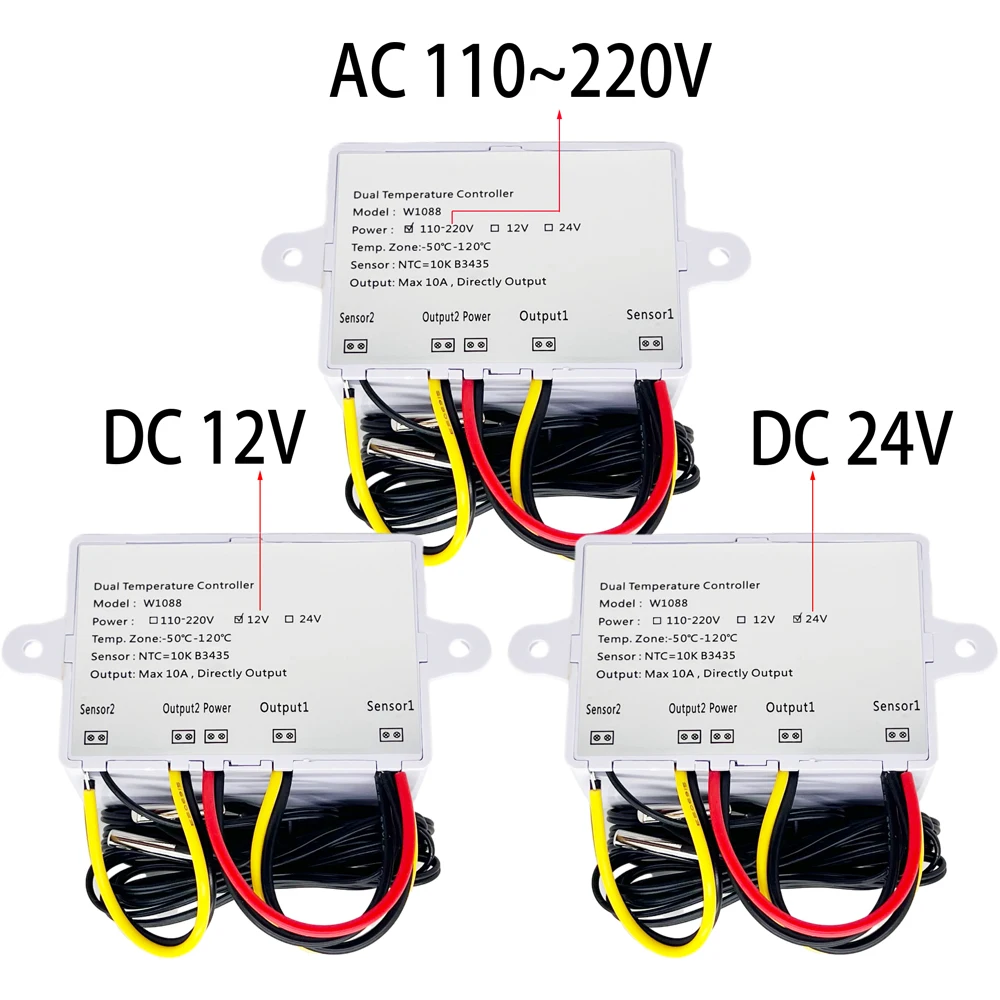 W1088 듀얼 LED 디지털 온도 센서 미터 컨트롤러 전기 난방 온도 조절기 220V 수족관 인큐베이터 온도 조절기