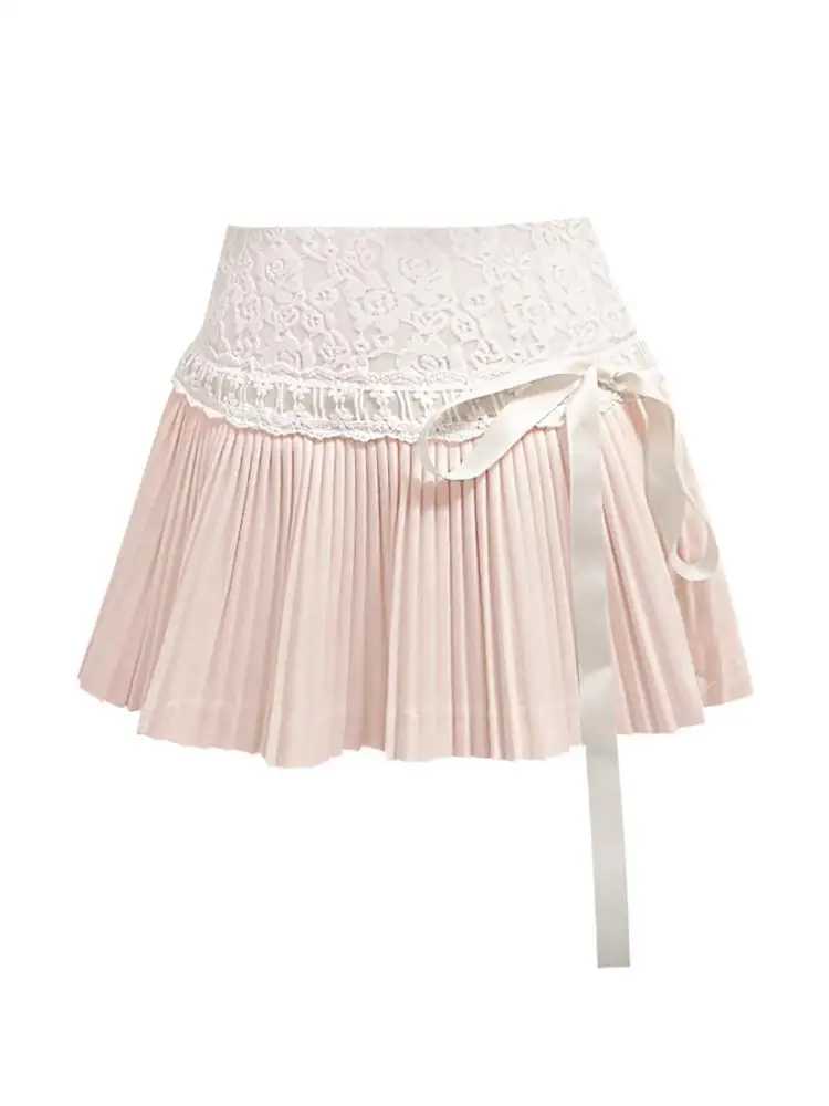 Y2k Sweet Hot Girl Ribbon Bow Lace Short Skirt for Women Summer High Waisted A-line Pleated Mini Skirt Fashion Female Clothes