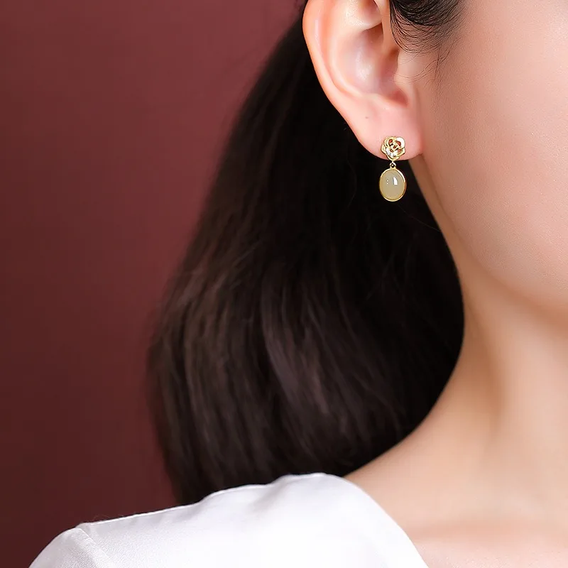 TIMESWIND الطبيعية Hetian اليشم الضوء الأخضر بالتنقيط S925 الفضة الوردية النساء الأقراط مع شهادة