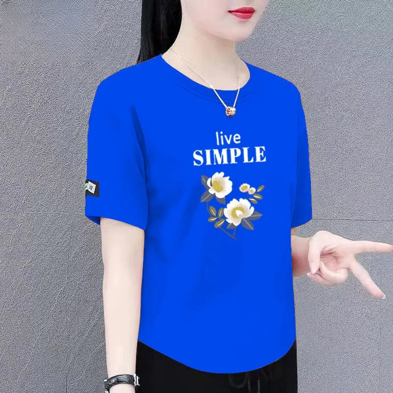 Summer New Women's Loose Fit Short Sleeve T-Shirt Shoulder Width Regular Polyester Fiber round Neck Print Casual Top