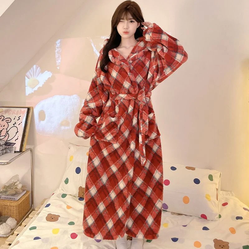 2024 Winter Long Sleeve Hooded Thick Warm Flannel Kimono Robes for Women Korean Loose Bathrobes Sleepwear Nightdress Night Dress