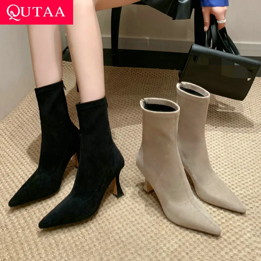 QUTAA 2024 Thin High Heels Elegant Women Ankle Boots Fashion Zipper Office Lady Party Shoes Woman Autumn Winter Size 34-39