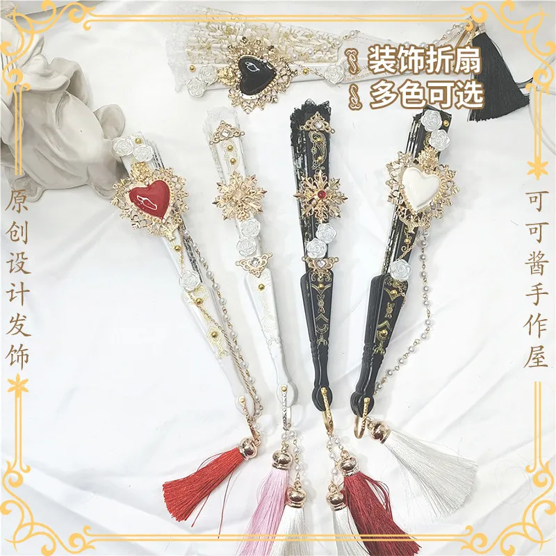 Lolita Fan Gorgeous Retro European Court Baroque Rose Folding Fan Black and White Tassel Comic Show Cos Props
