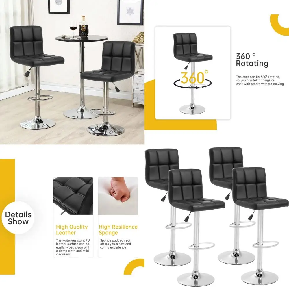 

Set of 4 Adjustable Height Square Back Bar Stools with PU Leather Seat