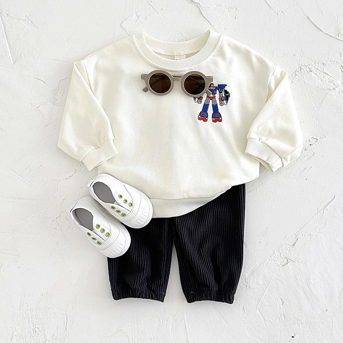 Baby Set Spring Cotton Long Sleeved Corduroy Pants Casual Boys Clothing Printing Robot Cartoon 2PCS Newborn Clothing 2024 New