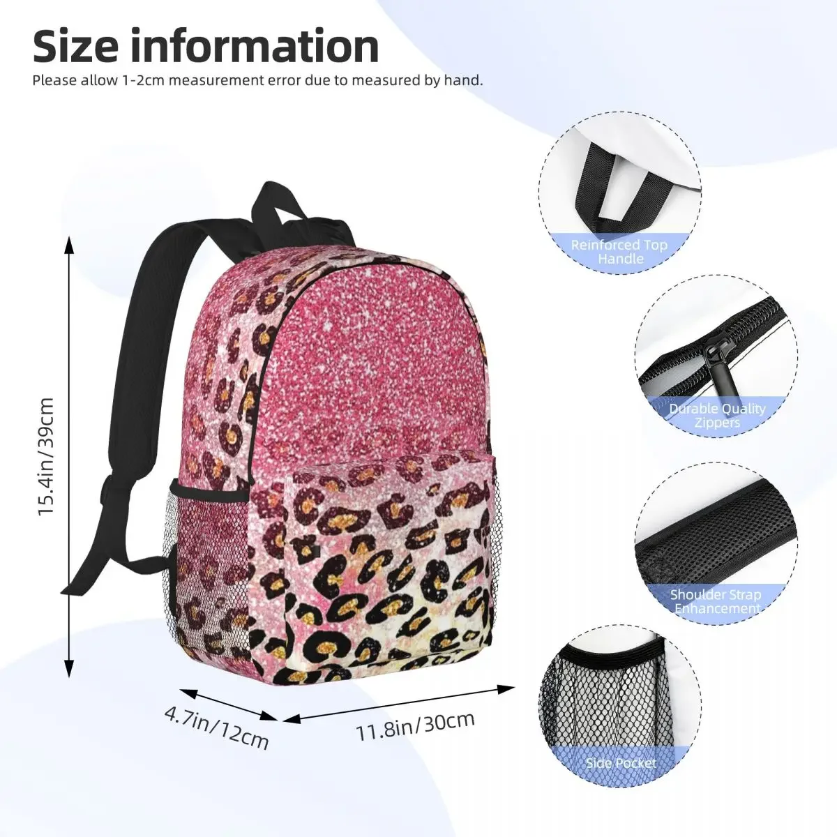 Bubble Gum Pink Faux Glitter Leopard Animal Print Backpacks Teenager Bookbag School Bags Travel Rucksack Shoulder Bag