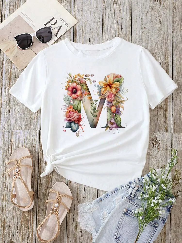 Name Letter Combination Fashion Women T-shirt Floral Letter Font A B C D E F G Short Sleeve Tops White T-shirt Aesthetic Clothes