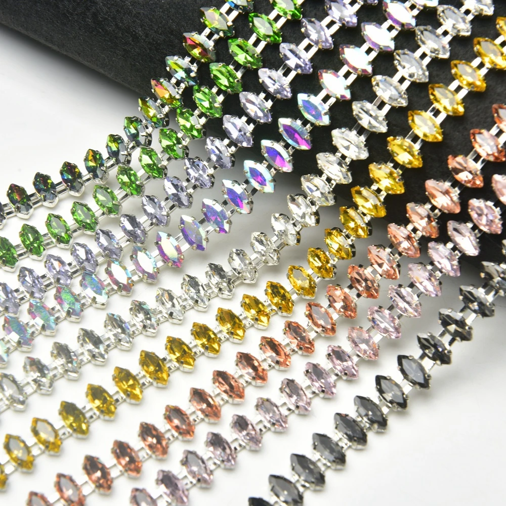 NEW  45/90cm  5x10mm horse eye shape Rhinestone Trim double lines Rhinestone Applique Chain Diy Sew On Trim Wedding Dress