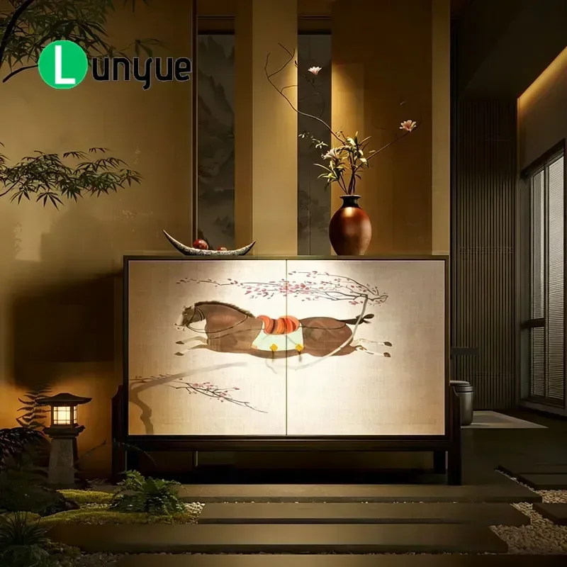 Song Style Aesthetic Solid Wood High Cabinet Ancient Painting Galloping Horse Pattern Zen Medium Ancient Style Vertical