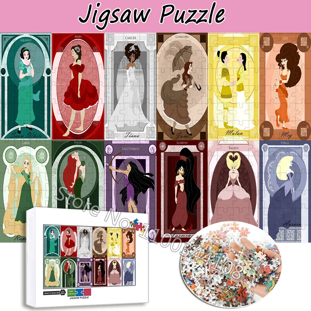 300/500/1000 Pieces Jigsaw Puzzles Disney Princess Snow White Belle Ariel Puzzle Children's Educational Toys Decompressing Game