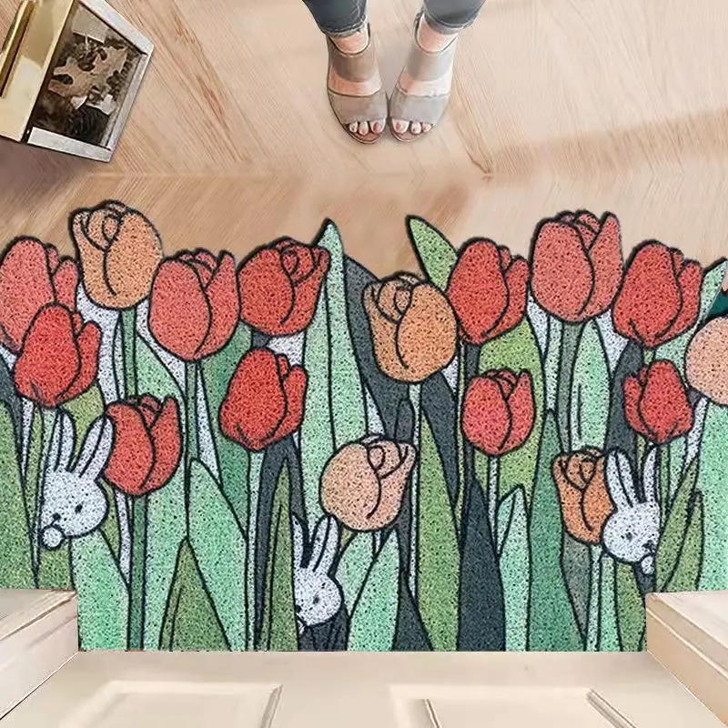 Cartoon Tulip Home Doormat Bedroom Bath Kitchen Entrance Door Mat Freely Cutting Custom Size Living Room Carpet PVC Non-slip Mat