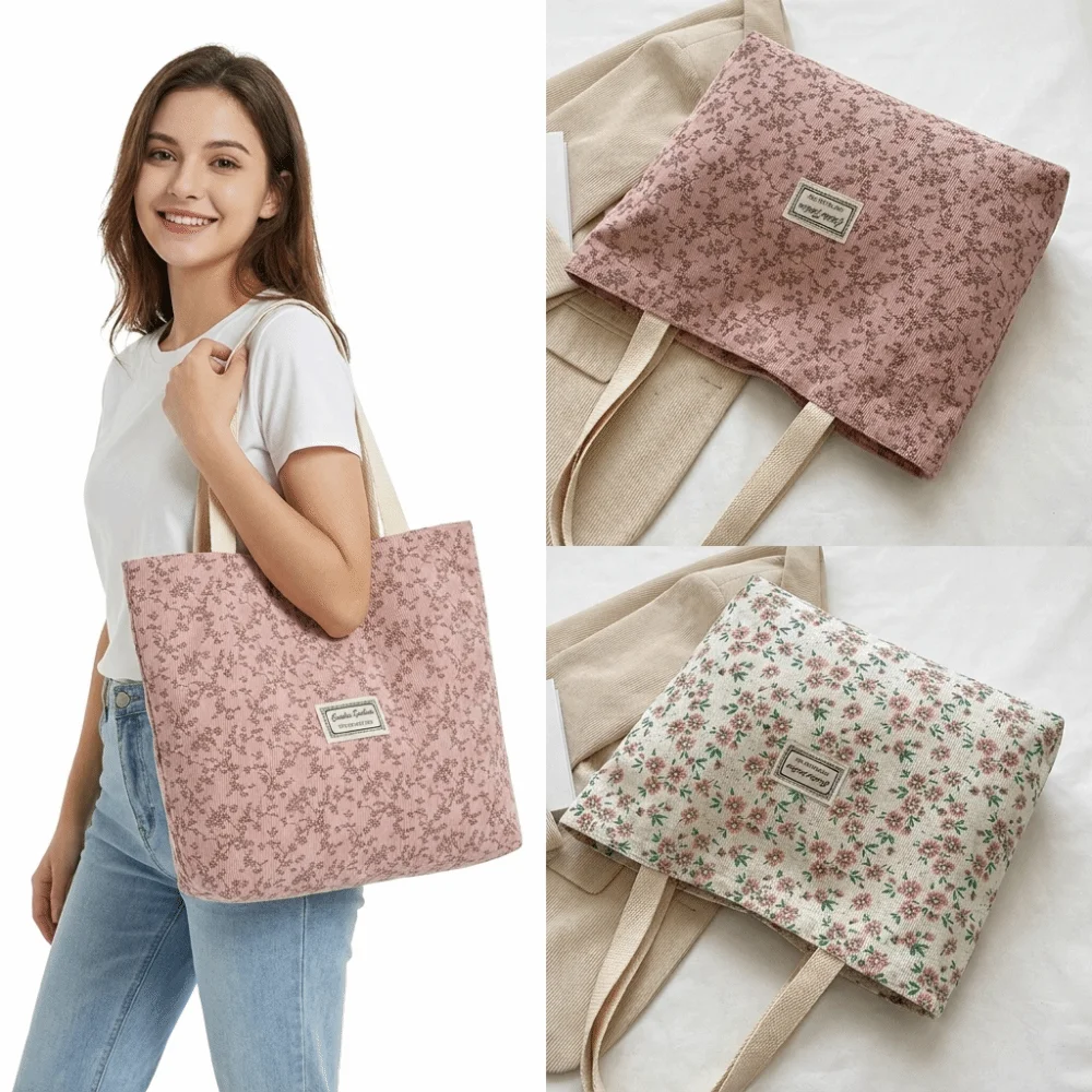 Fashion Floral Shoulder Bag Reusable Lightweight Canvas Tote Bag Large Capacity Shopping Bag Students