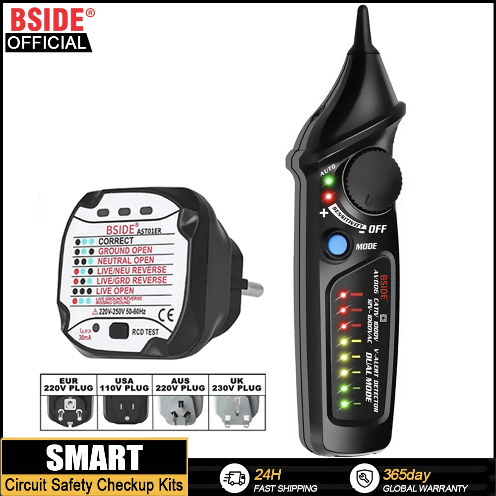 BSIDE-Kit de contrôle de sécurité de circuit AVD06, détecteur de tension et testeur de prise, test RCD GFCI, continuité NCV, contrôle de fil en direct