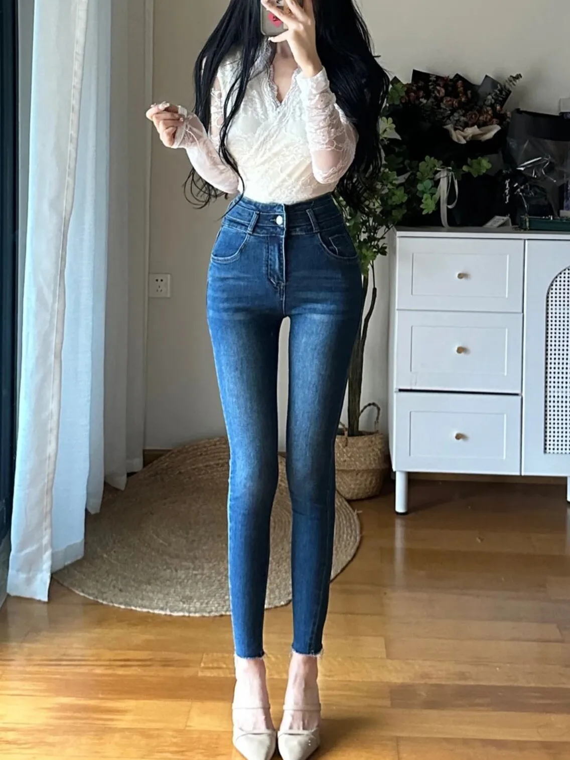 

Deep Blue High Waist Skinny Jeans Women's Elastic Denim Pants Korean Sle Autumn Winter New Arrival Cotton Stretch Fabric