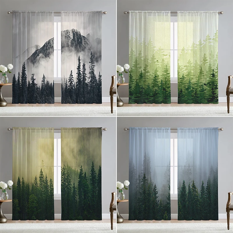 

Chinese Style Ink Painting Voile Tulle Sheer Curtain Nordic Forest Landscape Window Curtain For Bedroom Living Room Decor Drapes