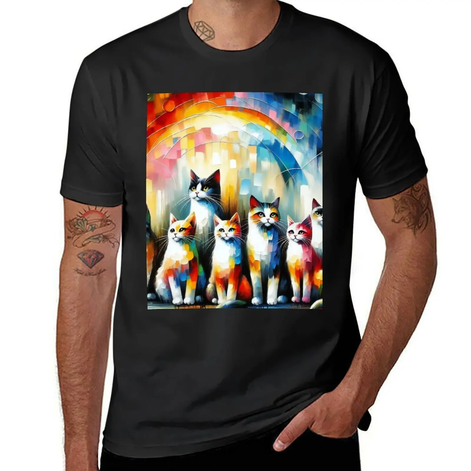 A Radiant Array of Felines Against a Rainbow Cascade T-Shirt blacks summer top cute clothes korean fashion Men's t-shirts