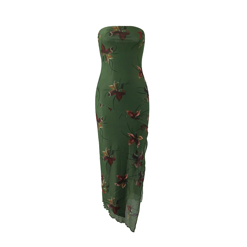 Estilo de férias temperamento emagrecimento retro impressão sexy sem alças split vestido de camada dupla