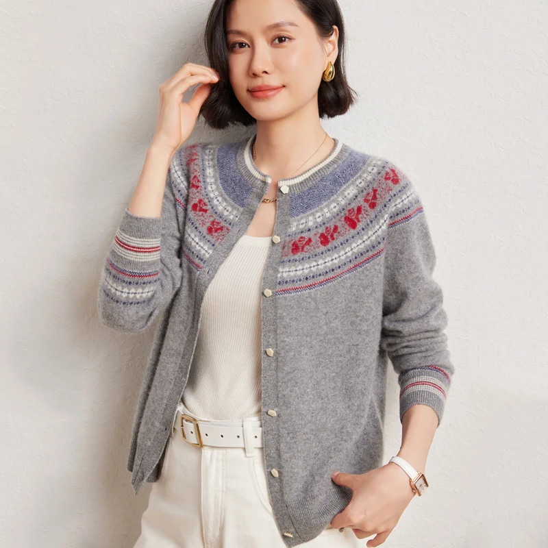 30% 캐시미어 및 70% 울 여성용 오 넥 카디건 빈티지 대비 컬러 스웨터 니트웨어 가을 겨울 두꺼운 자카드상의