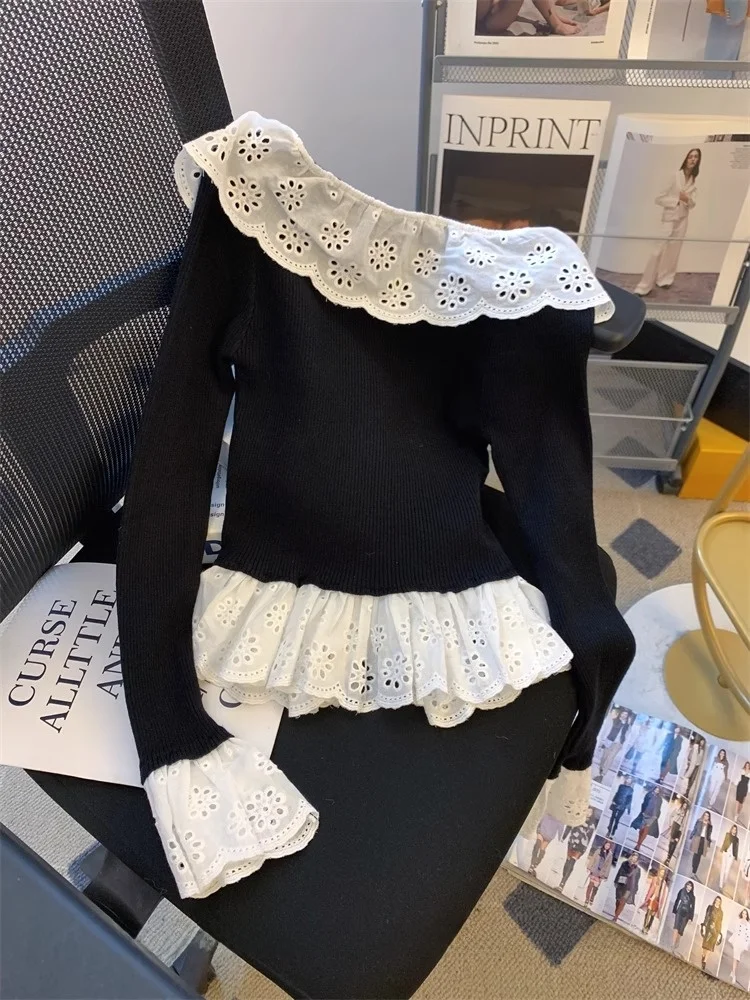 Color Block Lace Hem Flared Sleeve T-Shirt Women's Knitted Top Waist Cinching Hepburn Sle Sweet Autumn New Arrival